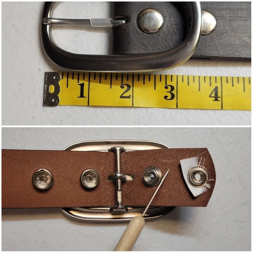 Brown Leather Studded Belt Floral Cutouts Oversized Silver Toned Oval Buckle